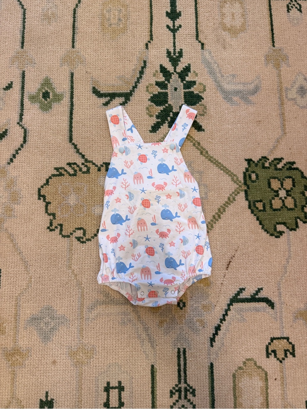 Seashell & Whale Print Baby Romper - White with Blue and Pink Accents
